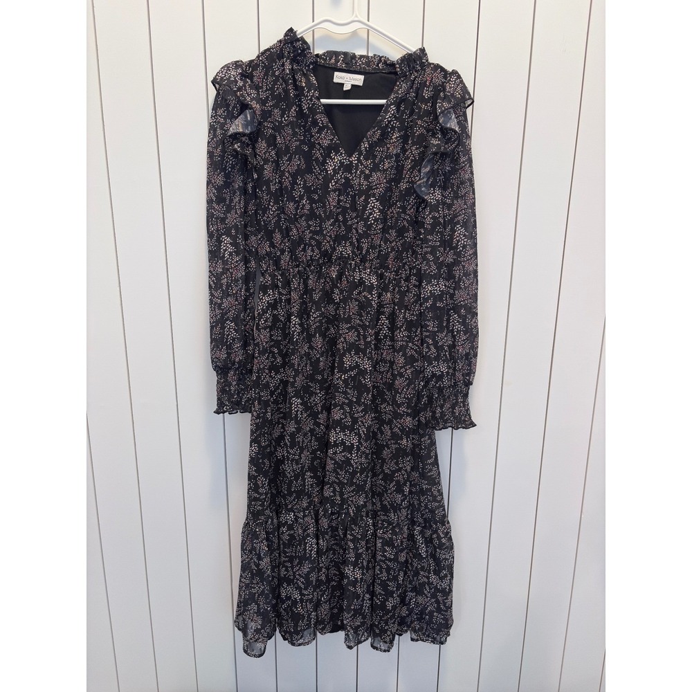 Whimsigoth Koko + Mason Midi Dress Womens XS Black Floral Ruffle Cottagecore